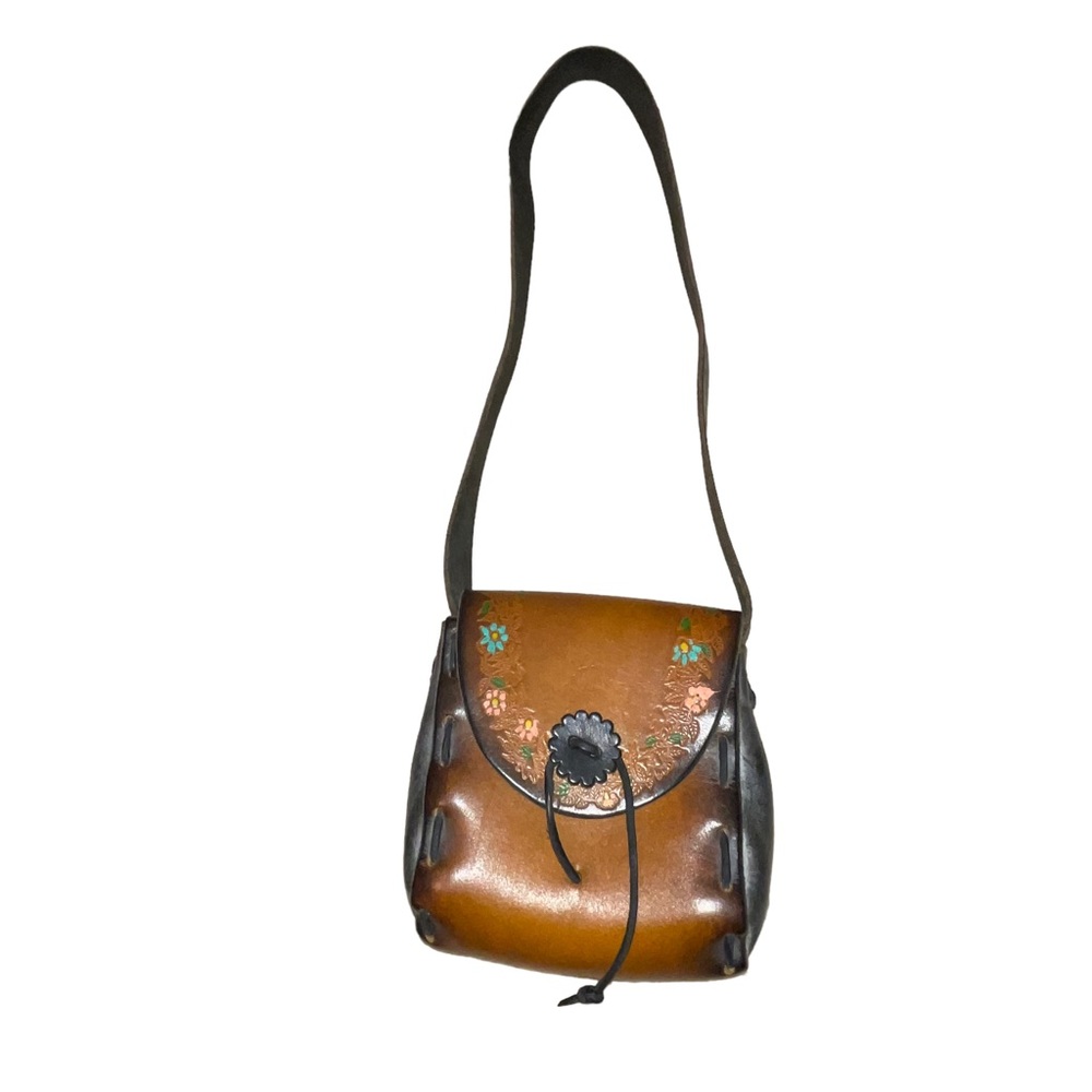 Vintage Hand Tooled Hand Painted Leather Purse Brown Grey Pink Floral BoHo 70’s